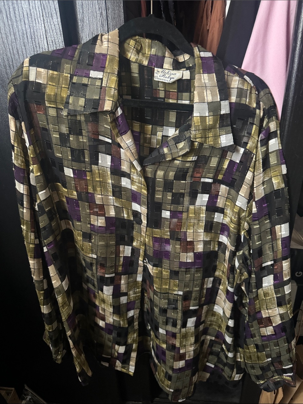 Metallic Patchwork Button-Up Shirt in Olive, Black & Purple